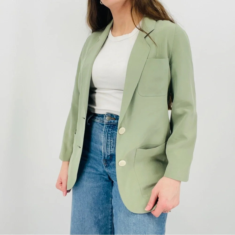 vintage sage green 100% silk button down blazer minimalist size 2 / S / XS - Picture 8 of 10
